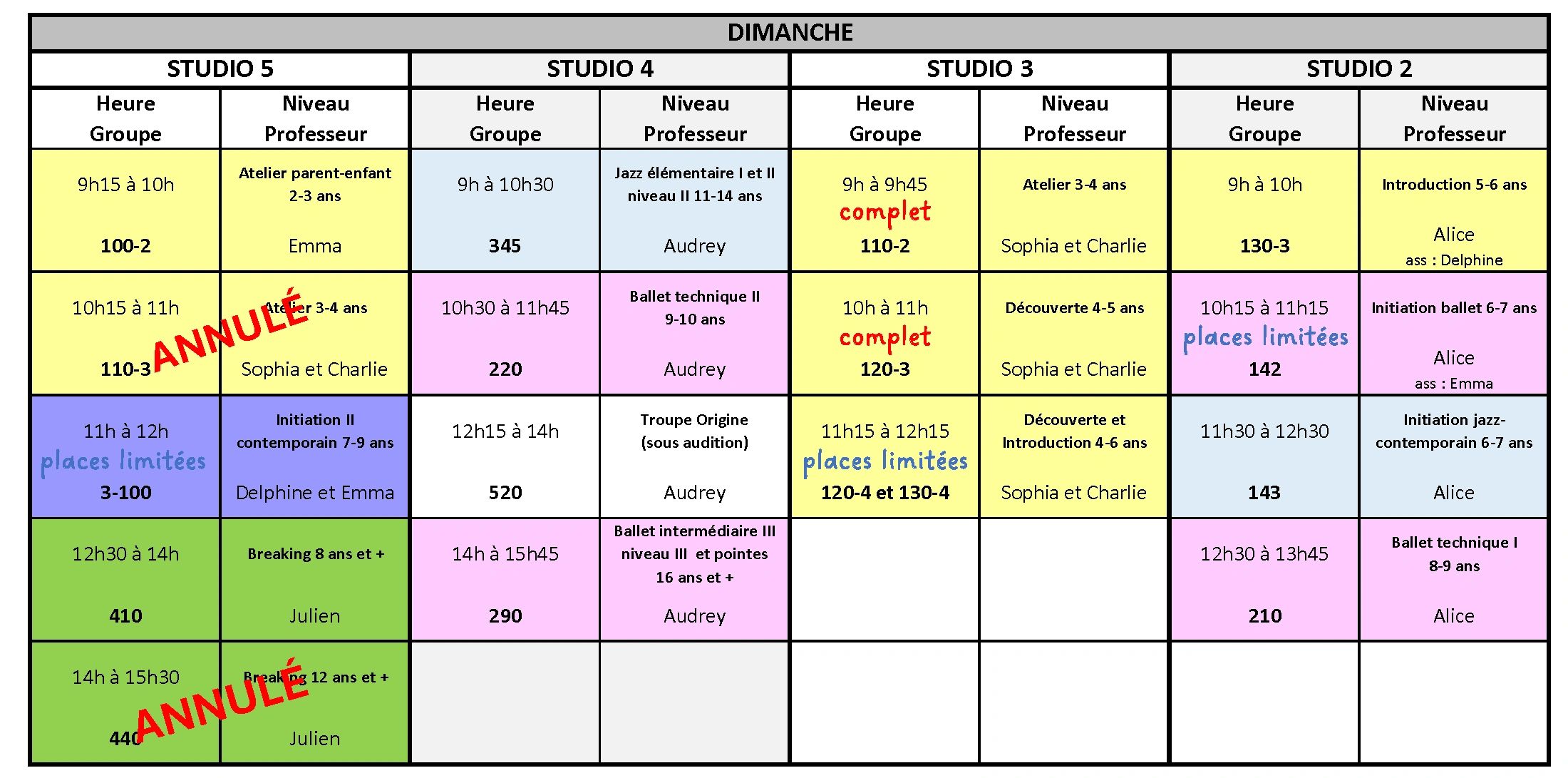 Emploi du temps des cours de danse pour dimanche par studio.