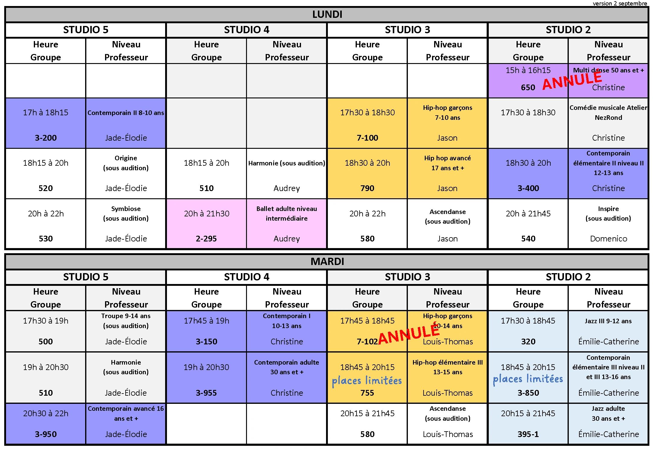 Emploi du temps des cours de danse Studio 2 à 5, lundi et mardi.