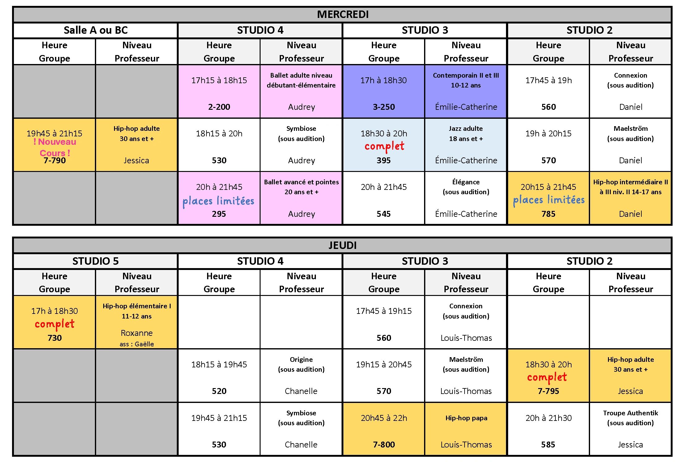 Emploi du temps des cours de danse du mercredi et jeudi avec horaires, niveaux et professeurs.