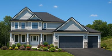 A modern two-story house with a three-car garage and a well-maintained garden.