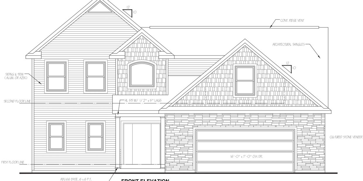 Architectural front elevation drawing of a two-story house with detailed siding, windows, and garage.