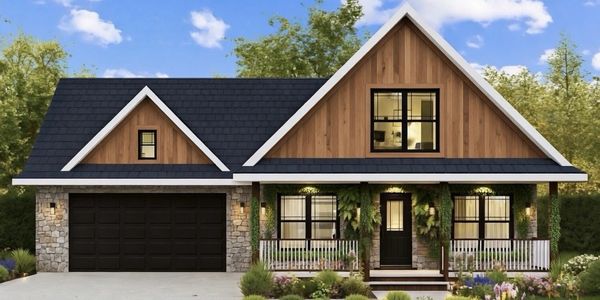 Modern house with wood and stone facade and black garage doors.
