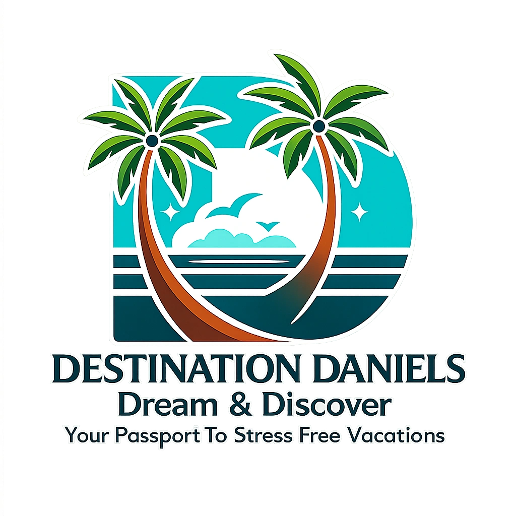 Logo for Destination Daniels featuring palm trees and ocean waves.