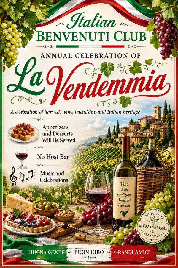 Invitation for Italian La Vendemmia celebration with wine and music.