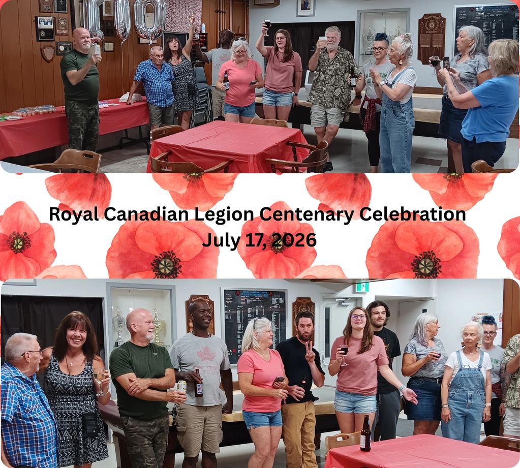 Group celebrating Royal Canadian Legion Centenary with drinks and smiles.