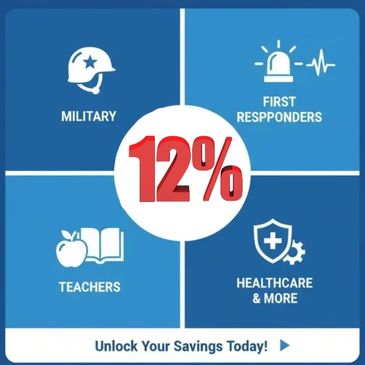 Military, First Responders, Healthcare Workers, and Teachers all receive 12% OFF services! 
