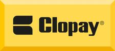 Clopay logo on a yellow background.