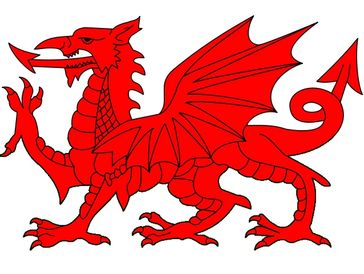 A red dragon illustration with wings and claws.