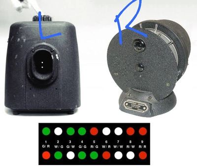 Two vintage electrical devices labeled L and R with a color-coded wiring diagram below.