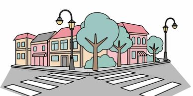 Illustrated street corner with colorful buildings, trees, and street lamps.