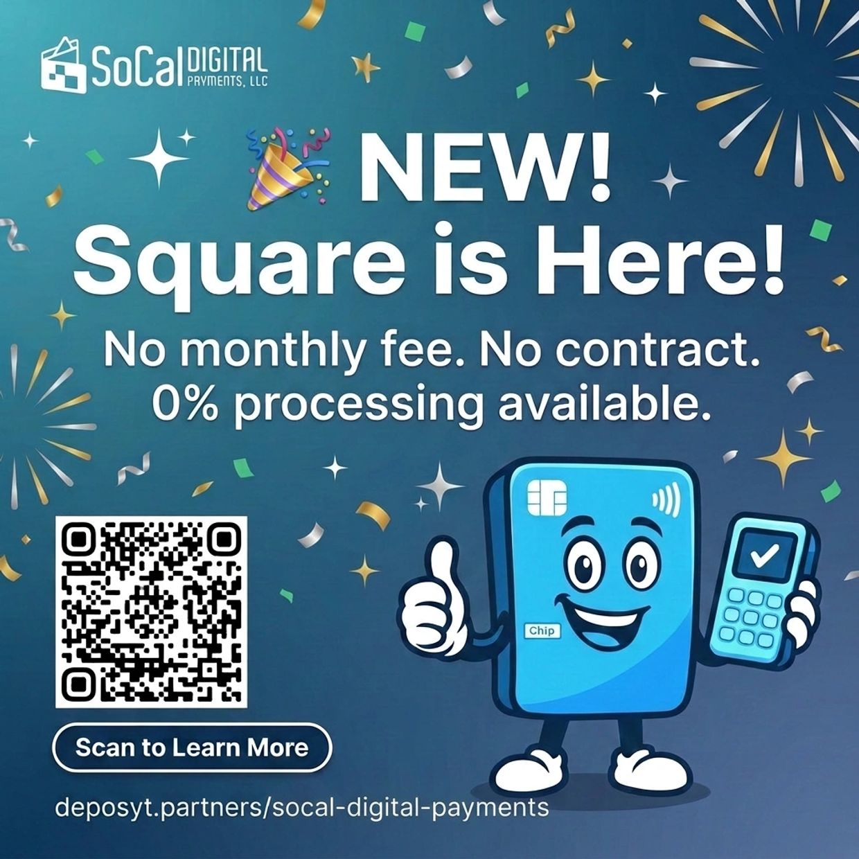 Advertisement for Square payment system with no fees or contracts.