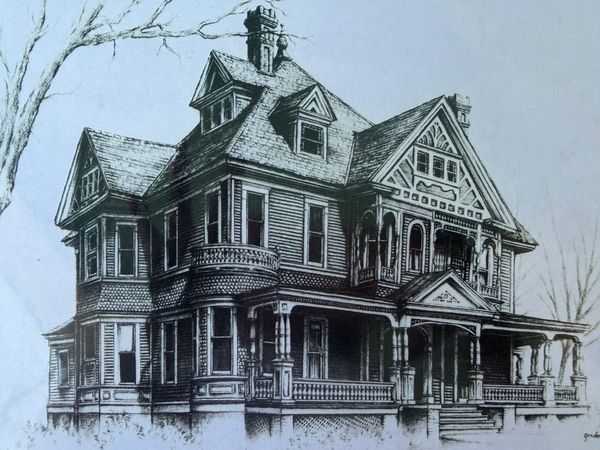 Detailed sketch of a Victorian-style house with intricate architectural features.