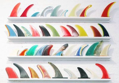 An assortment of colorful surfboard fins