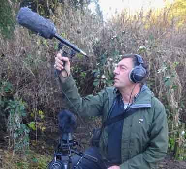 MiE Fielding recording bird song in Northumberland.