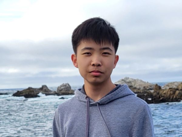Young man in grey hoodie near the ocean.