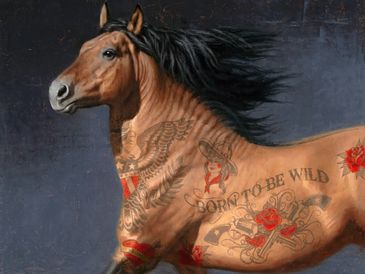 Brown horse with "Not Afraid to Fall" written on its side.