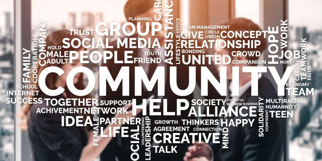 Word cloud highlighting community, help, social media, and relationships with blurred people in background.