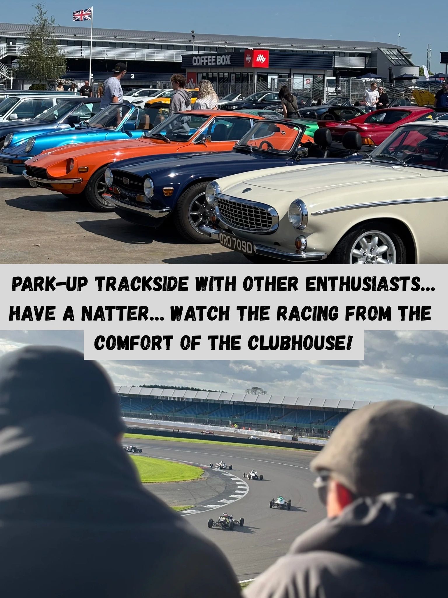 Car meets at Silverstone, UK. Cars and coffee, displaying cars, watching racing and community. 