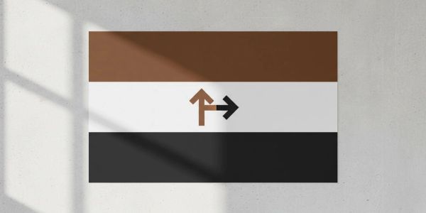 Flag with brown, white, and black stripes featuring two intersecting arrows.
