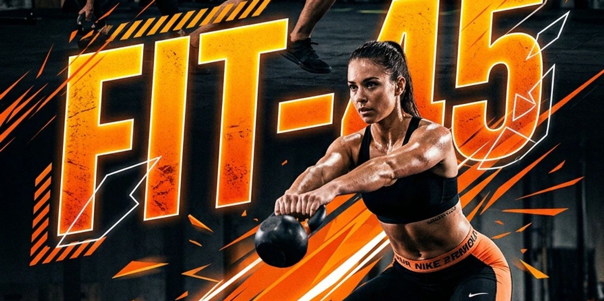 Fit woman lifting a kettlebell with intense focus and bold "FIT-45" text in background.