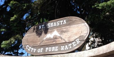 Wooden sign for Mt. Shasta, City of Pure Water, against trees.