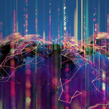 Abstract digital network with glowing lines and nodes in vibrant colors.