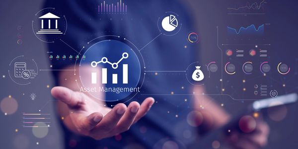 Hand presenting digital asset management icons and graphs.
