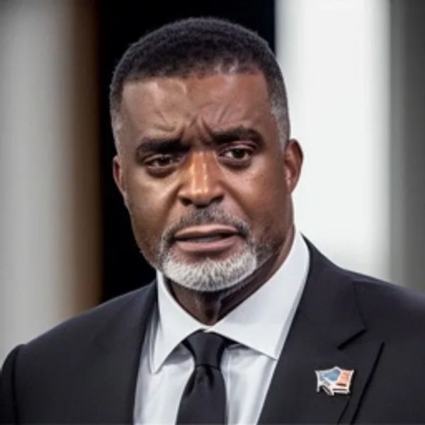 Man in a suit with an American flag pin speaking.