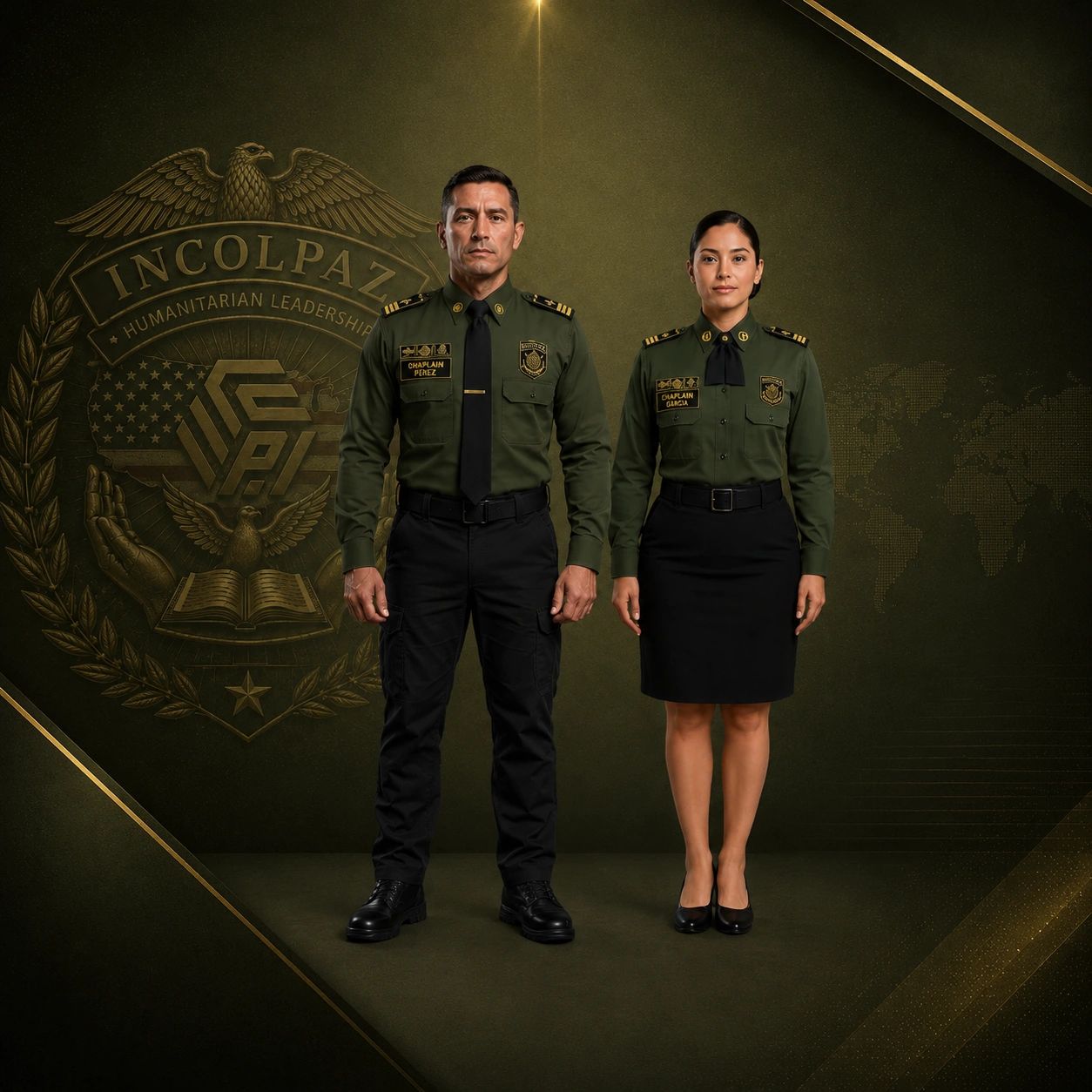 Two uniformed officers stand confidently against a backdrop with a symbolic emblem.
