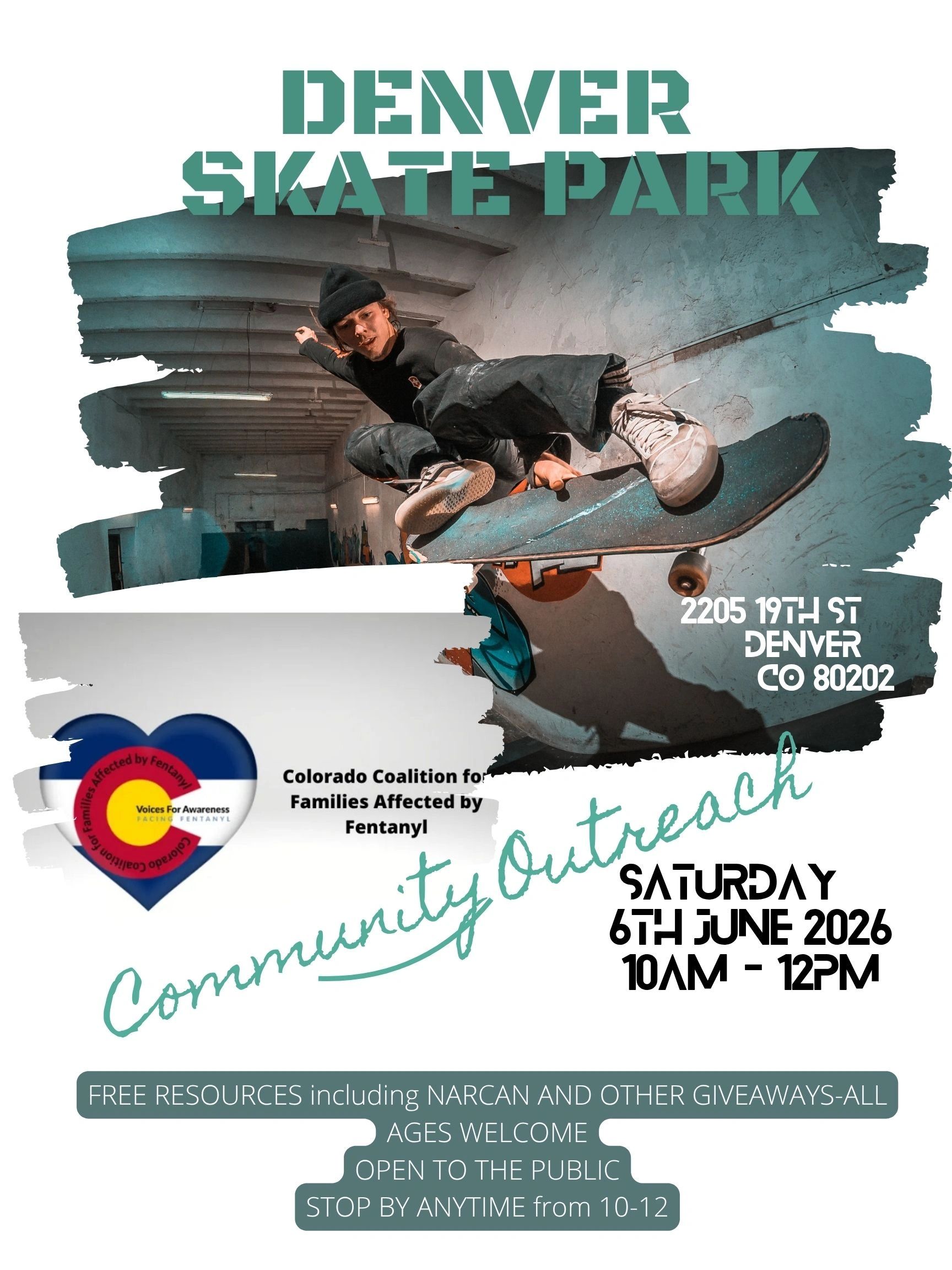 Skateboarder performing a trick at Denver Skate Park community outreach event.