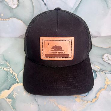 California flag with bear in leather patch trucker hat