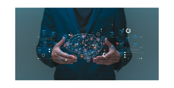 Person in suit holding a digital brain with data visualization graphics.