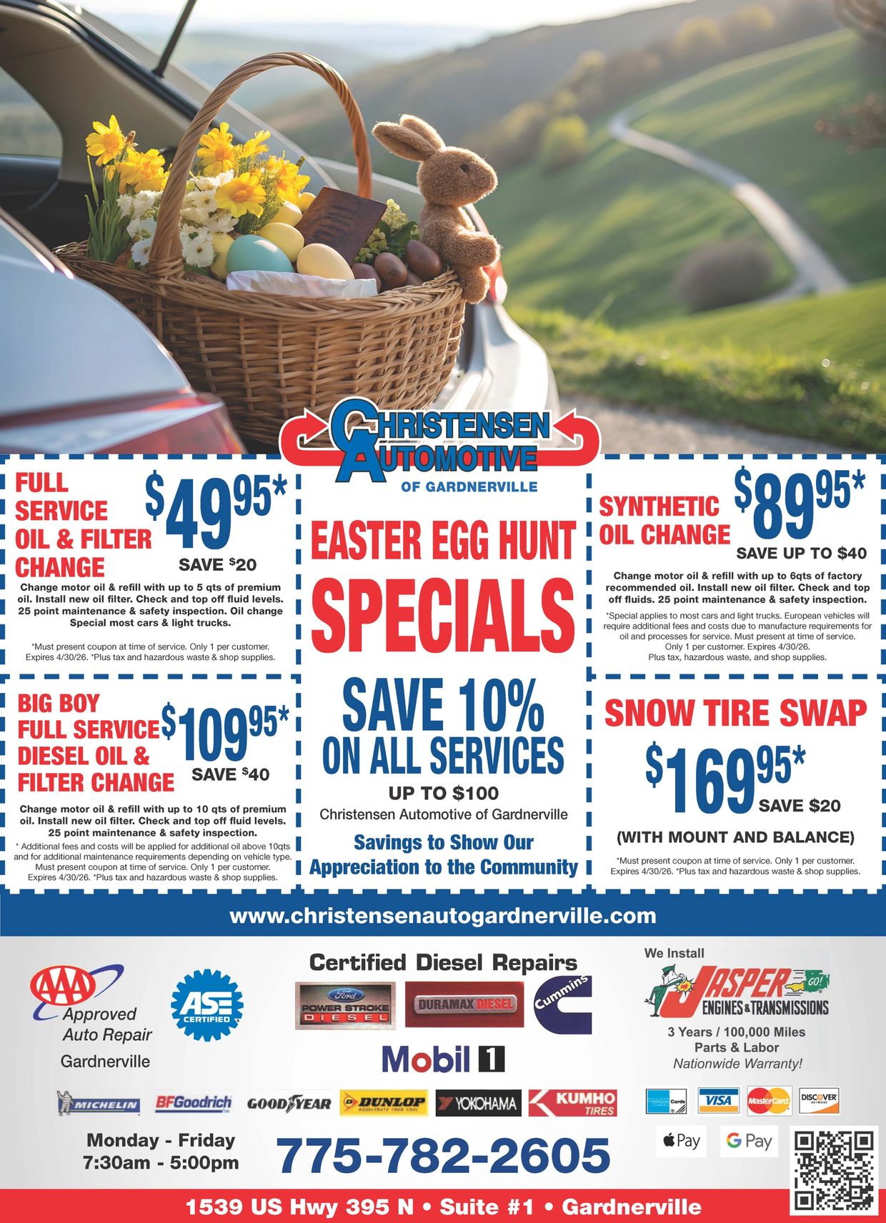 Easter car trunk with basket, flowers, and bunny, plus auto service specials from Christensen Automotive.
