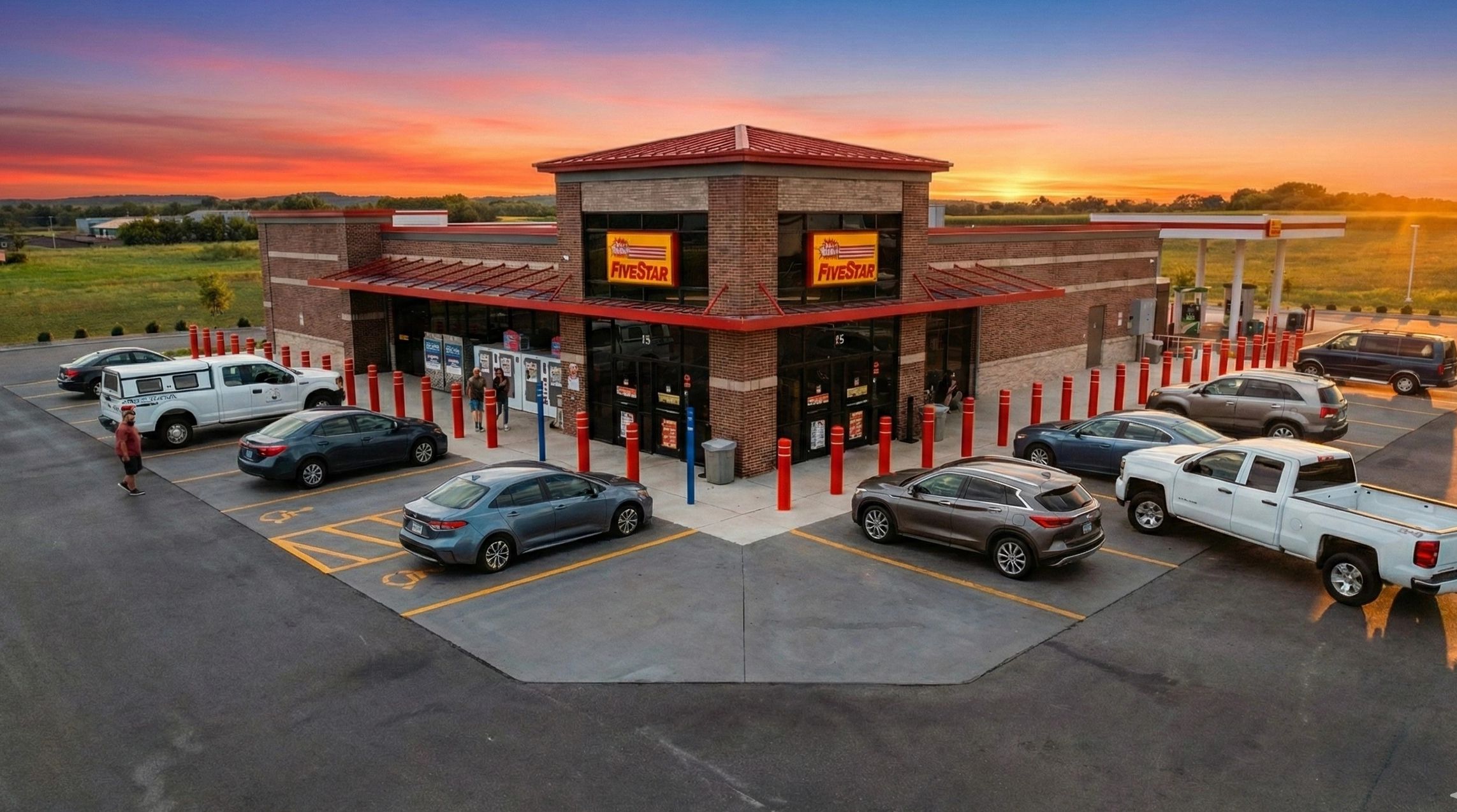 Convenience store and gas station at sunset.