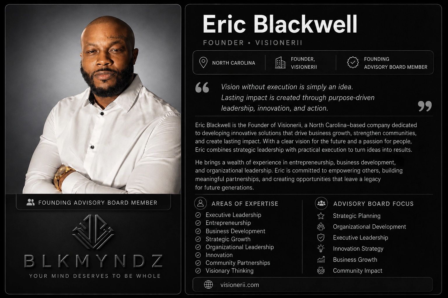 Professional profile of Eric Blackwell, founder of Visionerii and advisory board member.