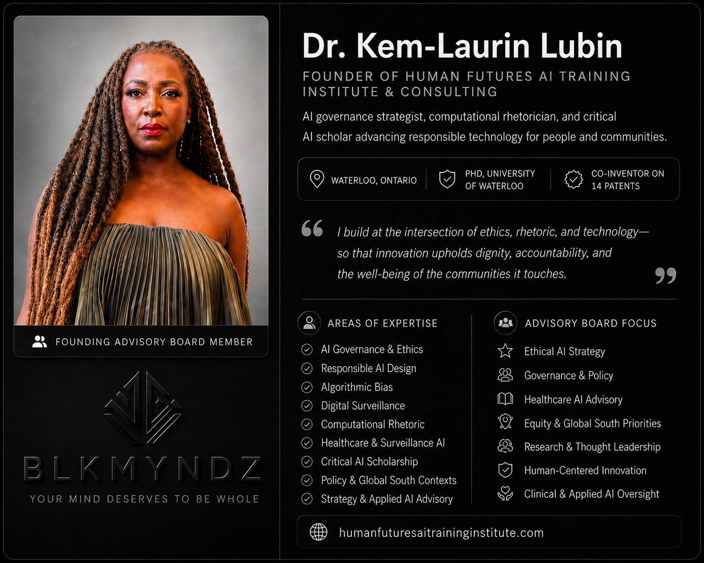 Profile of Dr. Kem-Laurin Lubin, AI governance strategist and founder of Human Futures AI Training Institute.
