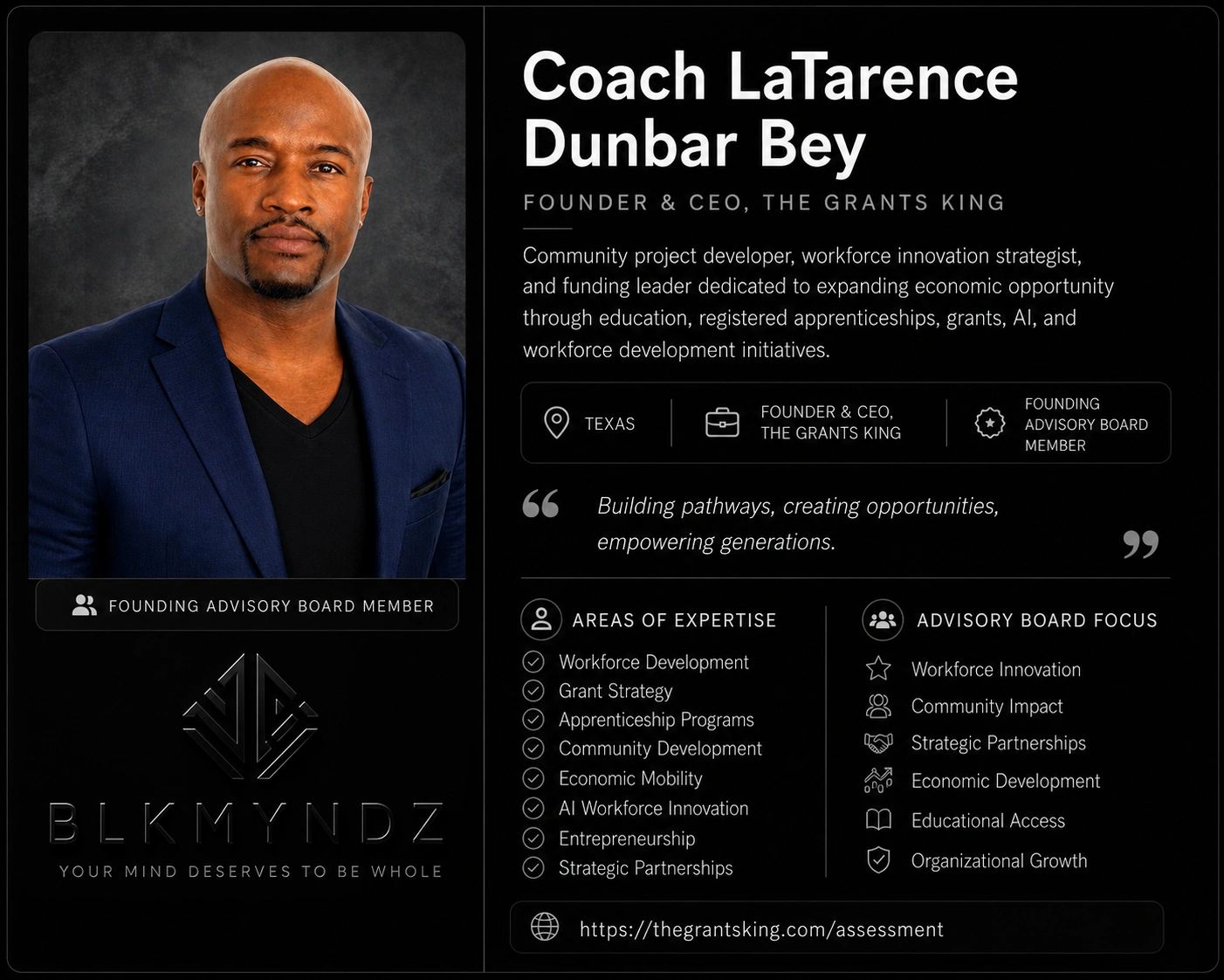 Professional profile of Coach LaTarence Dunbar Bey, founder of The Grants King.