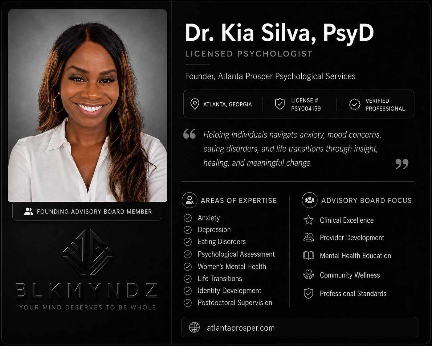 Profile of Dr. Kia Silva, licensed psychologist and founder of Atlanta Prosper Psychological Services.