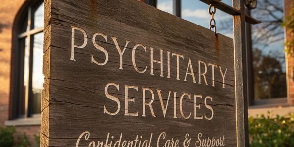 Wooden sign for psychiatric services with a misspelling.