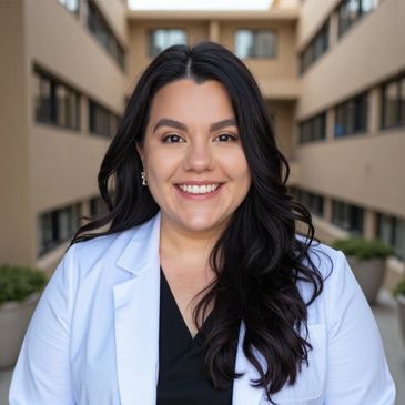 Smiling woman in a white coat standing in a courtyard.