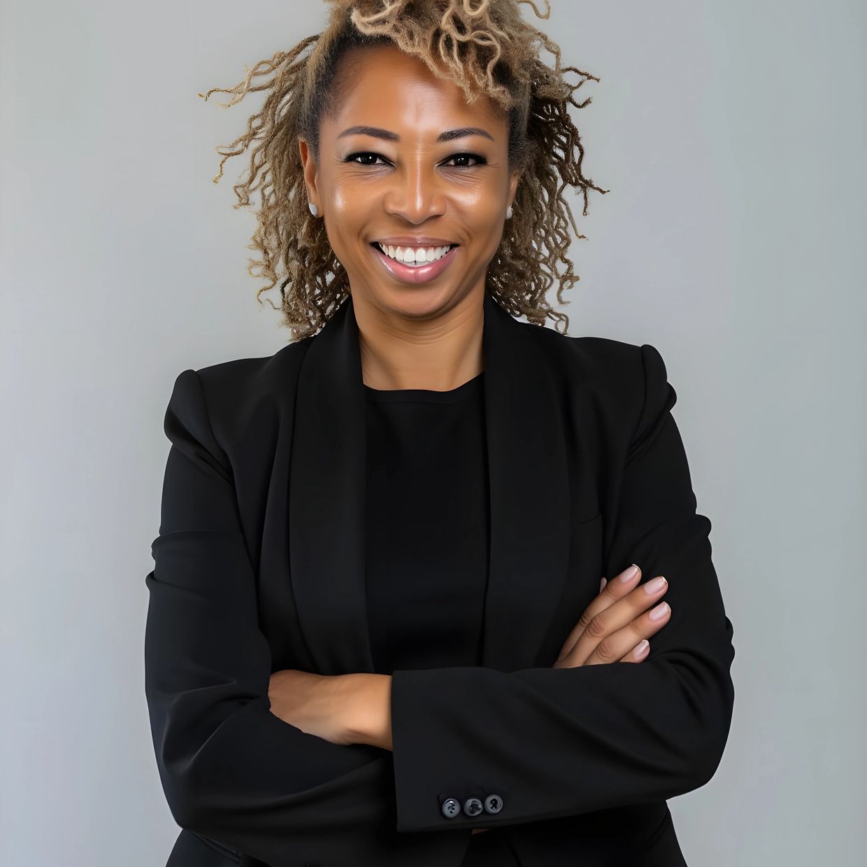 Confident woman in black blazer smiling with arms crossed.