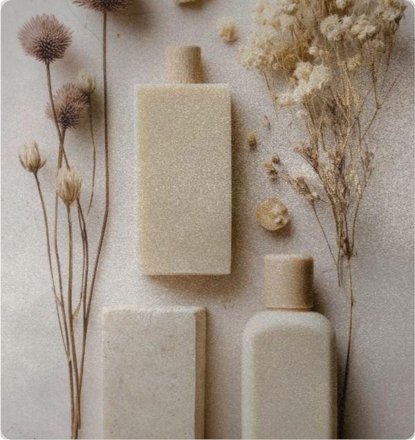 Minimalist beige skincare bottles and dried flowers arranged aesthetically.