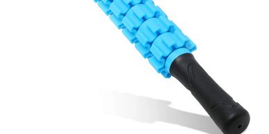 Blue foam roller with textured surface and black handle for muscle massage.
