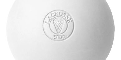 Close-up of a white lacrosse ball with embossed logo.