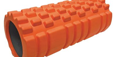 Orange textured foam roller for muscle relief and massage.
