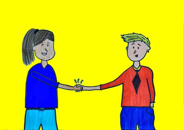 eine Zeichnung, auf der sich eine Frau und ein Mann die Hand geben