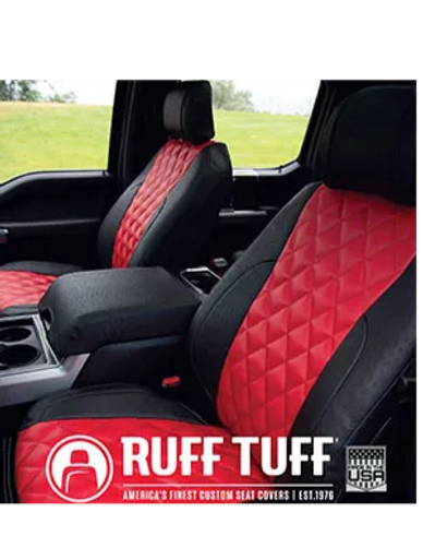 Custom red and black diamond-stitched car seat covers by Ruff Tuff.