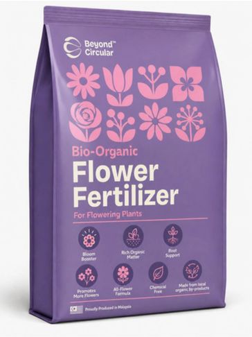 Purple bag of bio-organic flower fertilizer for flowering plants.