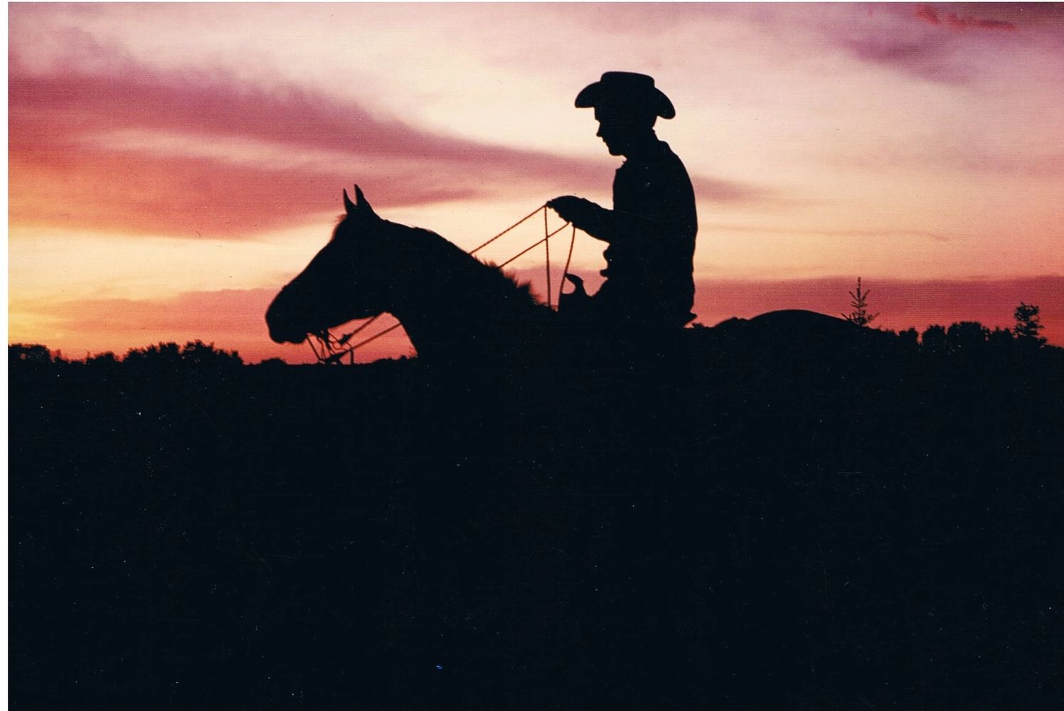 Silhouette of a cowboy riding a horse against a colorful sunset sky.
