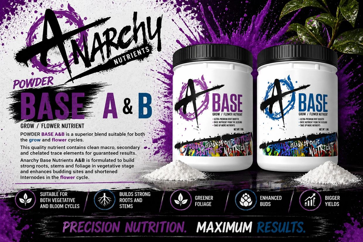 Anarchy Nutrients Powder Base A &amp; B for superior plant growth and flowering cycles.